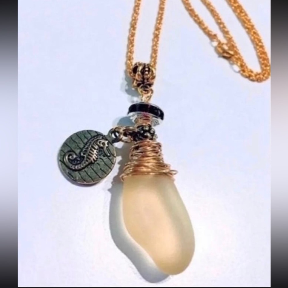 Yellow Cultured Sea Glass WireWrapped pendant necklace w sea horse